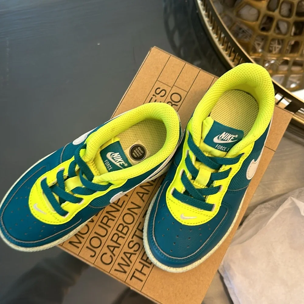 Nike Kids Teal and Neon Yellow White Swoosh Sneakers